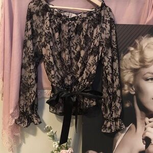 Adrianna Papell ~Pink With Black Lace Off The Shoulder Blouse Top ~M